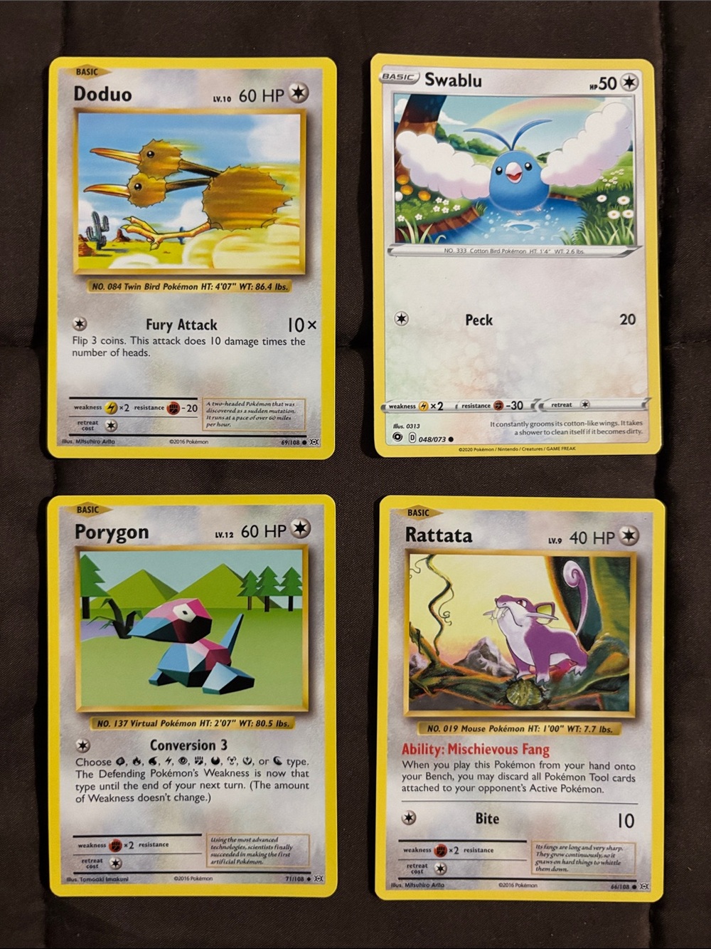 Pokémon Trading Card Lot — Doduo, Swablu, Porygon, Rattata